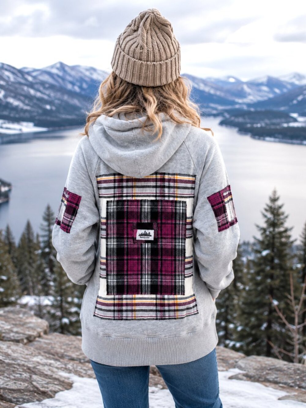 Upcycled Patchwork Hoodie Gray & Pink Plaid Raw Seam Grunge Revival Size Large